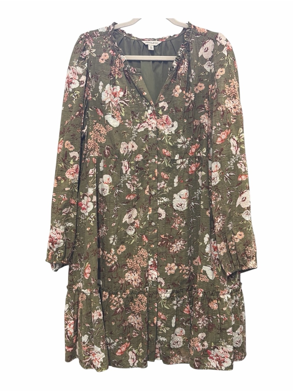 Frye & Co Olive Green Floral Boho Tiered Long Sleeve Dress Women’s XL - Picture 4 of 7